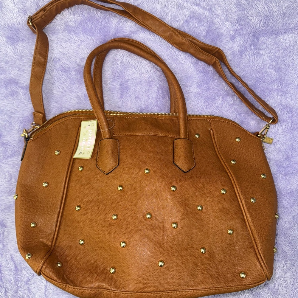 Brown and Gold Structured Shoulder Bag with Studs